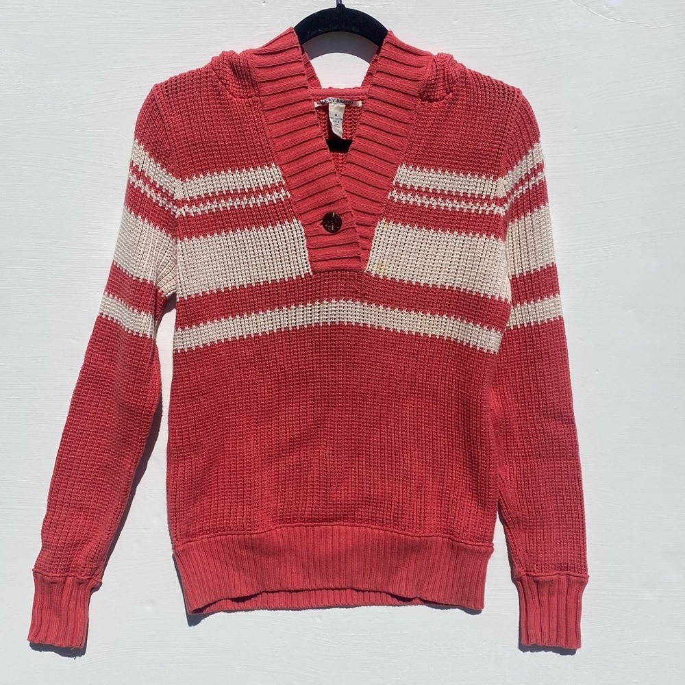 Lucky Brand Pink and Cream Hooded V-Neck Sweater 100% Cotton nautical preppy